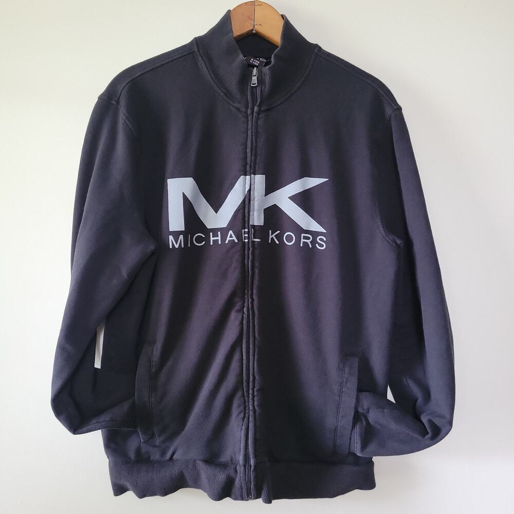 Michael Kors Black Sweater Size M White Monogram Preppy Full Zip Mock Turtleneck